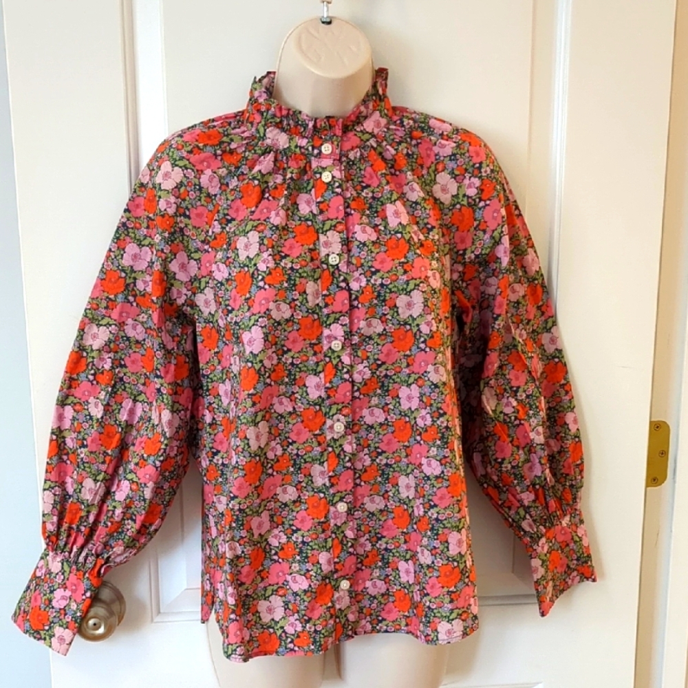 J. Crew Pink and Orange Floral Button-Up Blouse